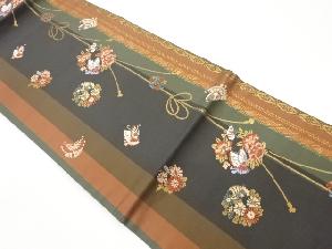 縞に花輪・蝶・組紐模様織出し名古屋帯